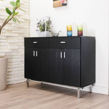 Storage Cabinet - Two drawers, laminated storage space, metal feet, high-shaped cabinet, black, space sense